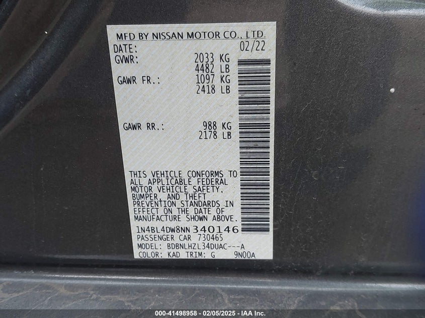 2022 NISSAN ALTIMA VIN: 1N4BL4DW8NN340146