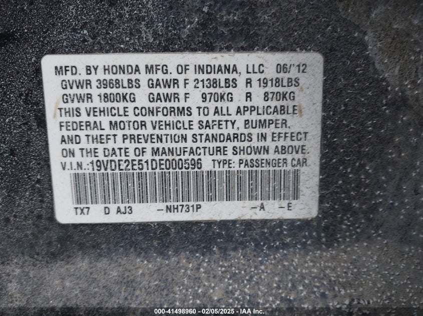 2013 ACURA ILX VIN: 19VDE2E51DE000596