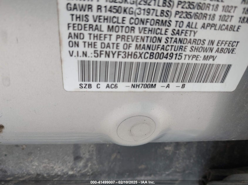 2012 HONDA PILOT VIN: 5FNYF3H6XCB004915