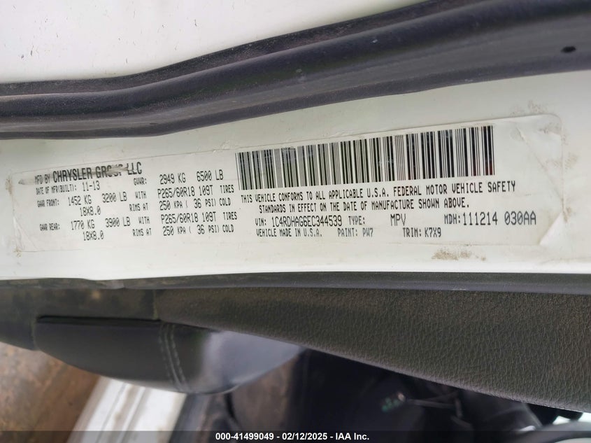 2014 DODGE DURANGO VIN: 1C4RDHAG6EC344539