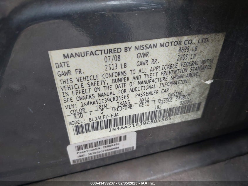 2009 NISSAN MAXIMA VIN: 1N4AA51E39C805565