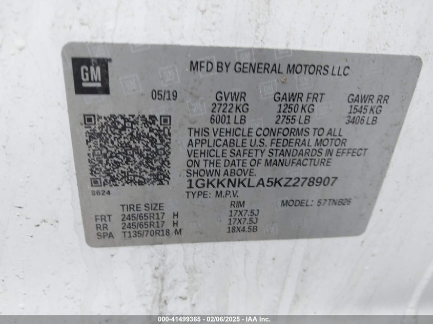 2019 GMC Acadia Sle-1 VIN: 1GKKNKLA5KZ278907 Lot: 41499365