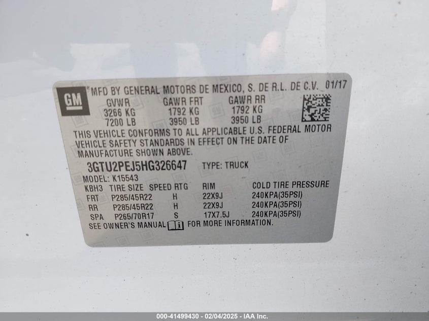2017 GMC SIERRA VIN: 3GTU2PEJ5HG326647