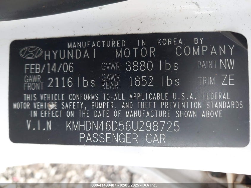2006 HYUNDAI ELANTRA VIN: KMHDN46D56U298725