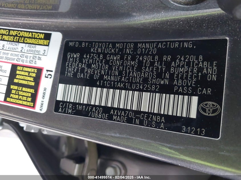 2020 TOYOTA CAMRY VIN: 4T1C11AK1LU342582