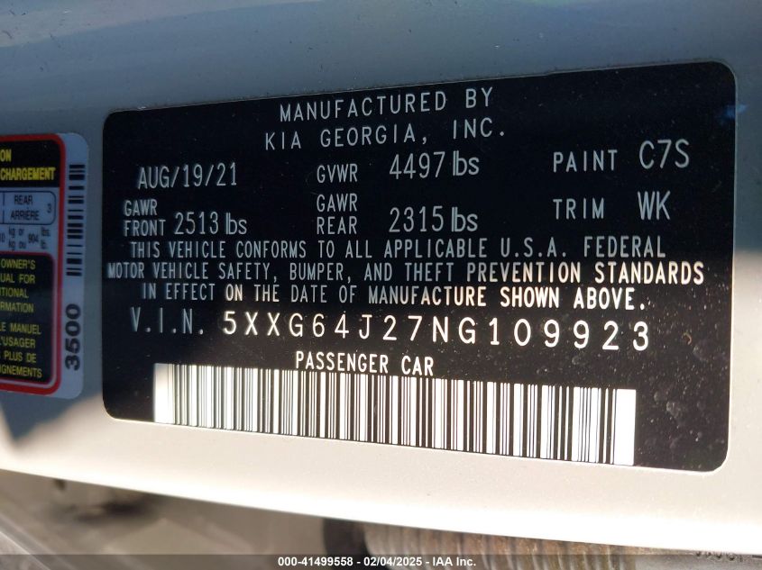 2022 Kia K5 Gt-Line VIN: 5XXG64J27NG109923 Lot: 41499558