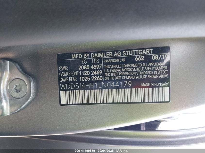 2020 MERCEDES-BENZ CLA 250 VIN: WDD5J4HB1LN044179