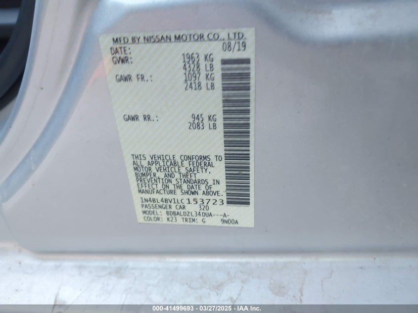VIN 1N4BL4BV1LC153723 2020 NISSAN ALTIMA S FWD