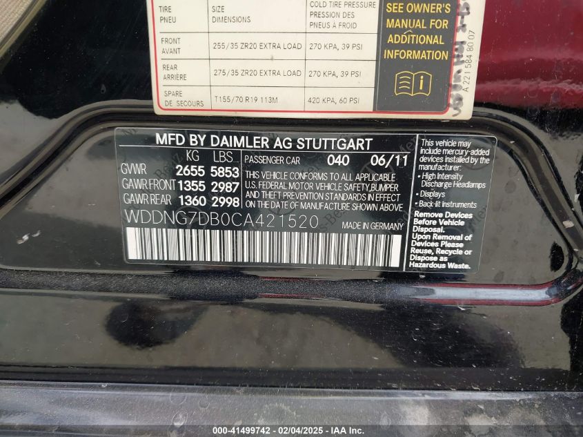 2012 Mercedes-Benz S 550 VIN: WDDNG7DB0CA421520 Lot: 41499742