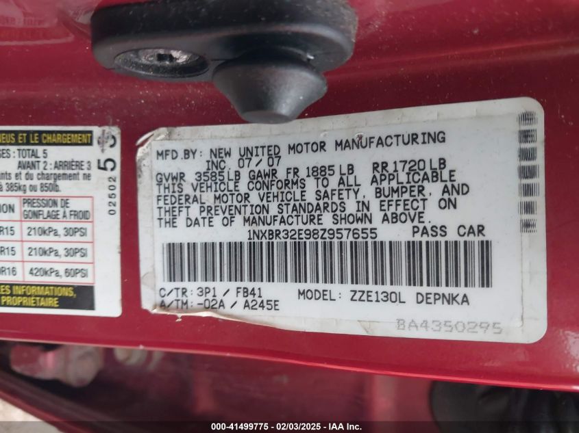 2008 Toyota Corolla Le VIN: 1NXBR32E98Z957655 Lot: 41499775