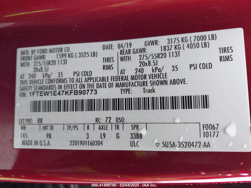 2019 FORD F150 VIN: 1FTEW1E47KFB90773