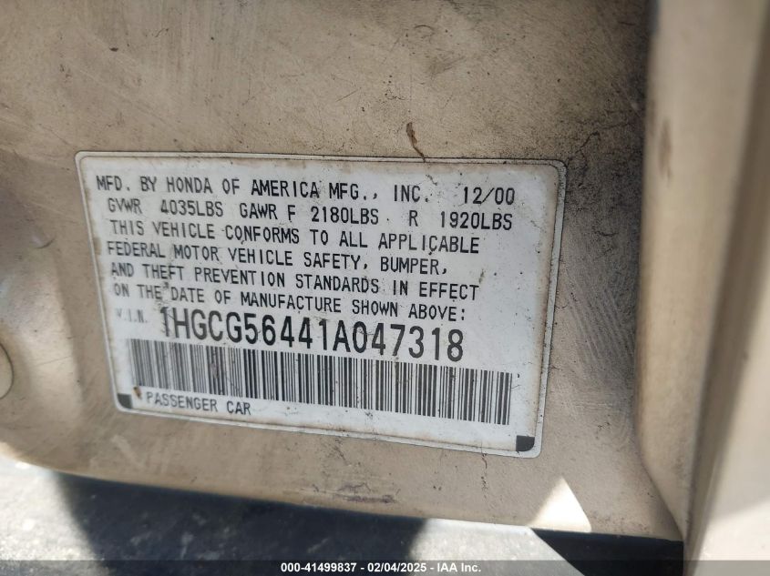 2001 Honda Accord 2.3 Lx VIN: 1HGCG56441A047318 Lot: 41499837