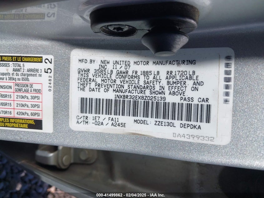 2008 TOYOTA COROLLA VIN: 1NXBR32EX8Z025139