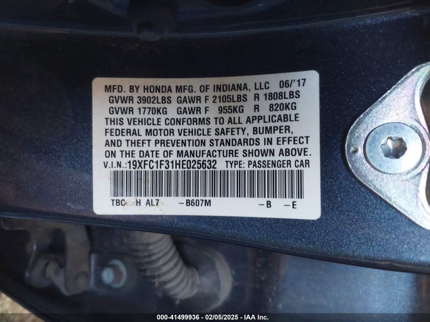 2017 HONDA CIVIC VIN: 19XFC1F31HE025632