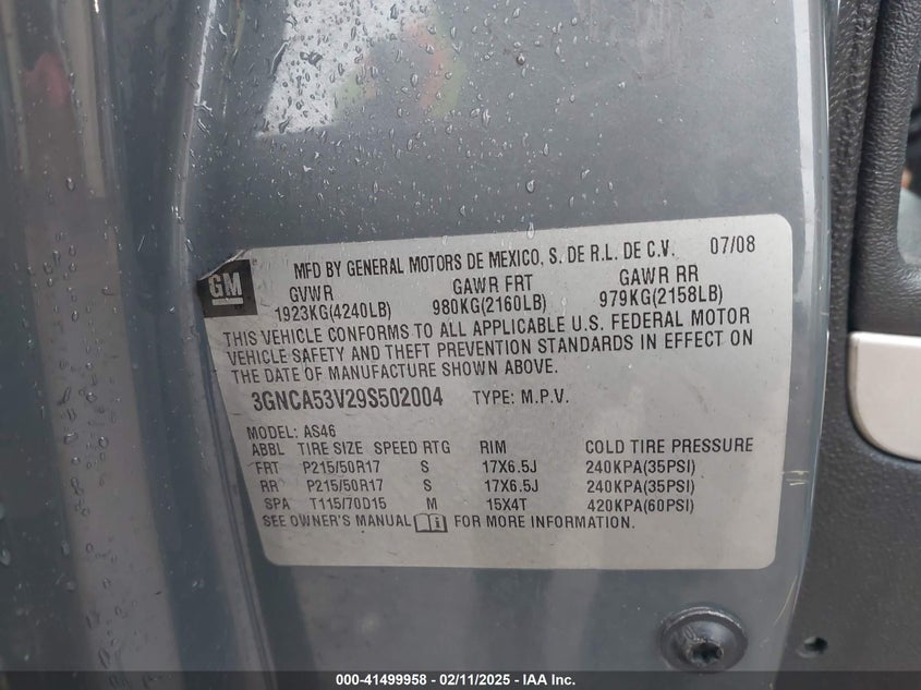 2009 CHEVROLET HHR VIN: 3GNCA53V29S502004