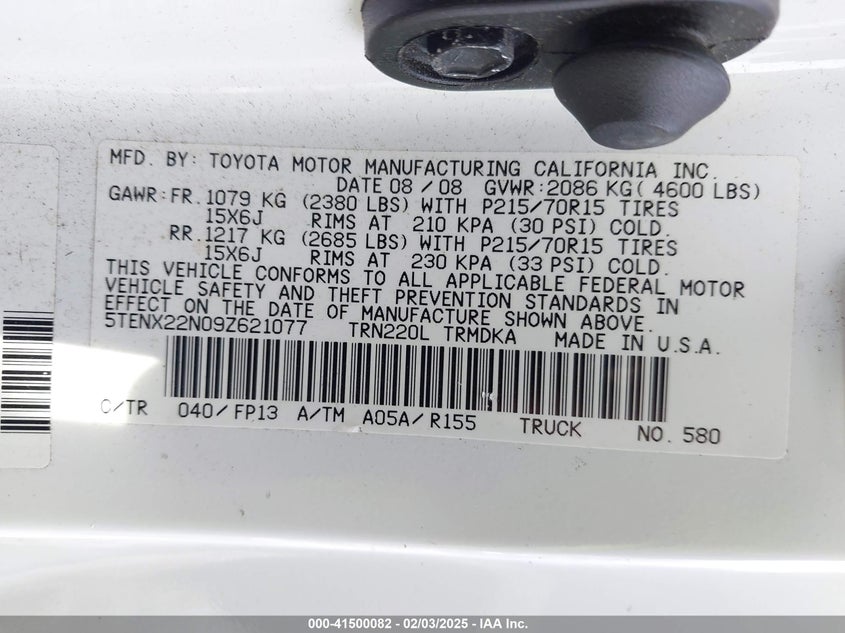 2009 TOYOTA TACOMA VIN: 5TENX22N09Z621077
