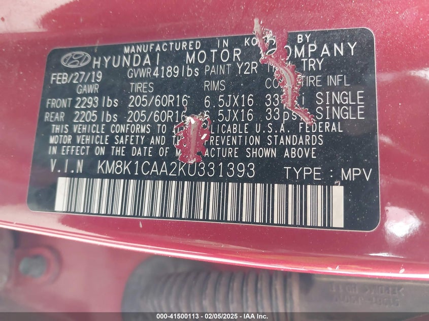 2019 Hyundai Kona Se VIN: KM8K1CAA2KU331393 Lot: 41500113