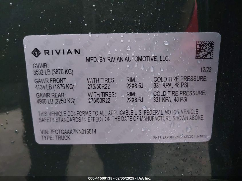 2022 Rivian R1T Adventure VIN: 7FCTGAAA7NN016514 Lot: 41500135