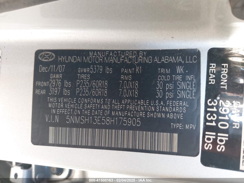 2008 HYUNDAI SANTA FE VIN: 5NMSH13E58H175905