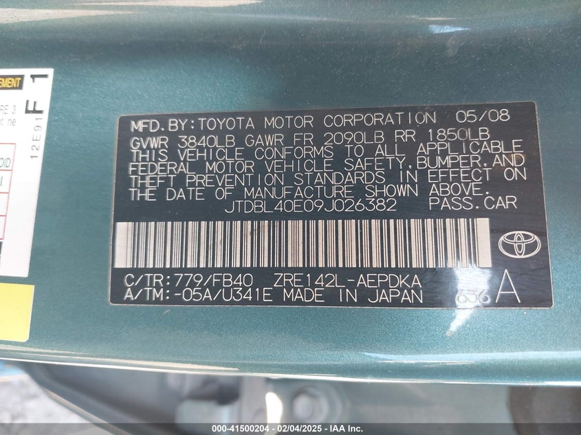 2009 TOYOTA COROLLA VIN: JTDBL40E09J026382