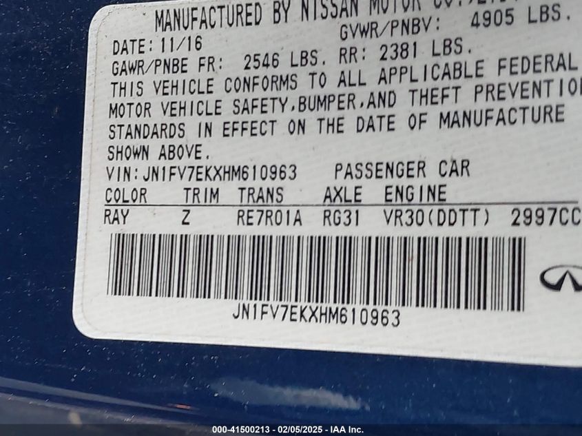 2017 Infiniti Q60 3.0T Red Sport 400 VIN: JN1FV7EKXHM610963 Lot: 41500213