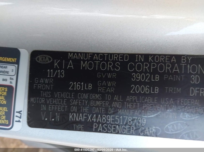 2014 KIA FORTE VIN: KNAFX4A89E5178739