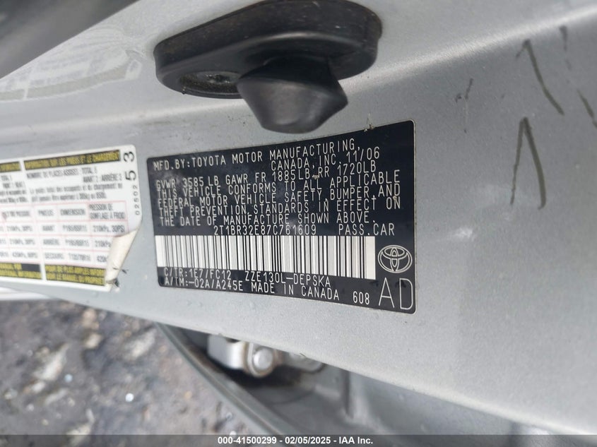 2007 TOYOTA COROLLA VIN: 2T1BR32E87C761609