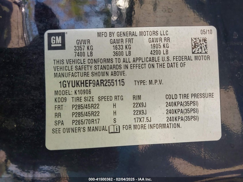 2010 Cadillac Escalade Esv Luxury VIN: 1GYUKHEF9AR255115 Lot: 41500362