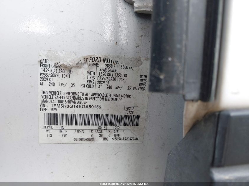 2014 Ford Explorer Sport VIN: 1FM5K8GT4EGA59156 Lot: 41500416