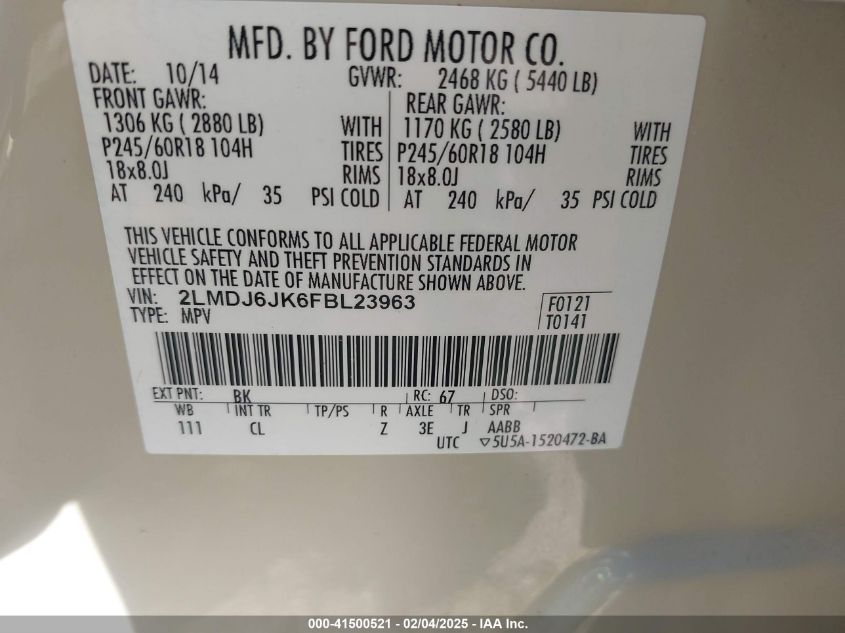 2015 Lincoln Mkx VIN: 2LMDJ6JK6FBL23963 Lot: 41500521