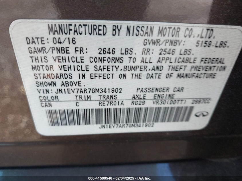 2016 Infiniti Q50 3.0T Premium VIN: JN1EV7AR7GM341902 Lot: 41500546