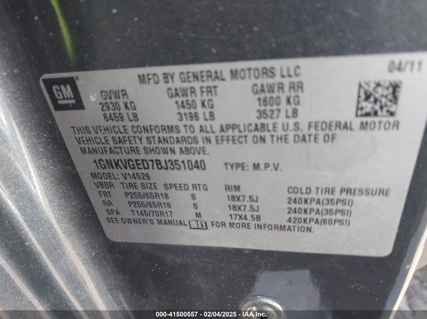 2011 CHEVROLET TRAVERSE VIN: 1GNKVGED7BJ351040