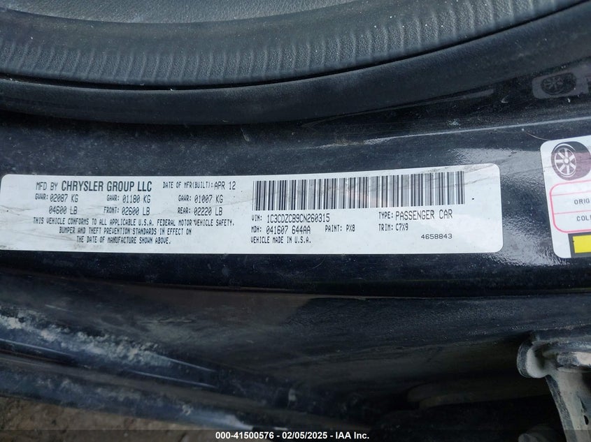 2012 DODGE AVENGER VIN: 1C3CDZCB9CN260315