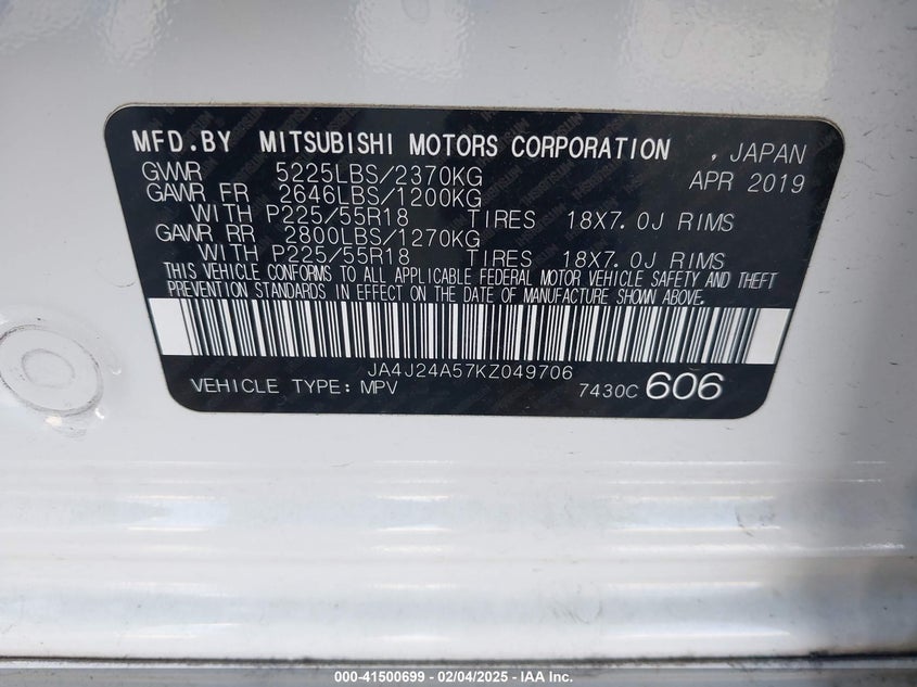 2019 MITSUBISHI OUTLANDER VIN: JA4J24A57KZ049706