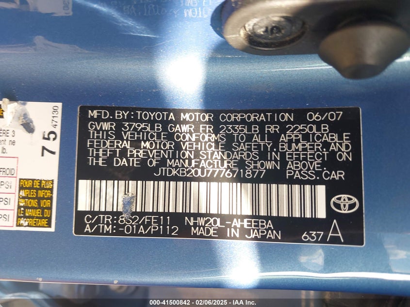 2007 TOYOTA PRIUS VIN: JTDKB20U777671877