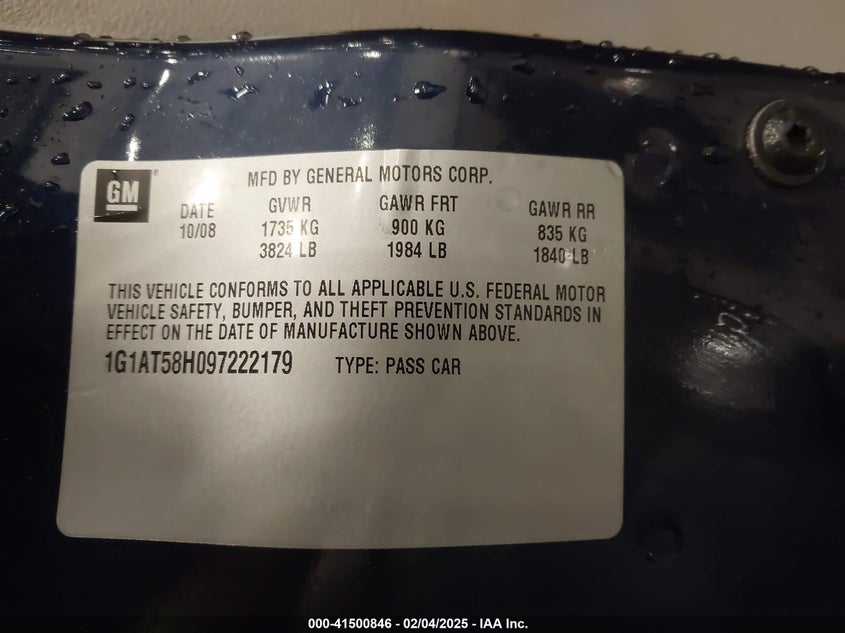2009 CHEVROLET COBALT VIN: 1G1AT58H097222179