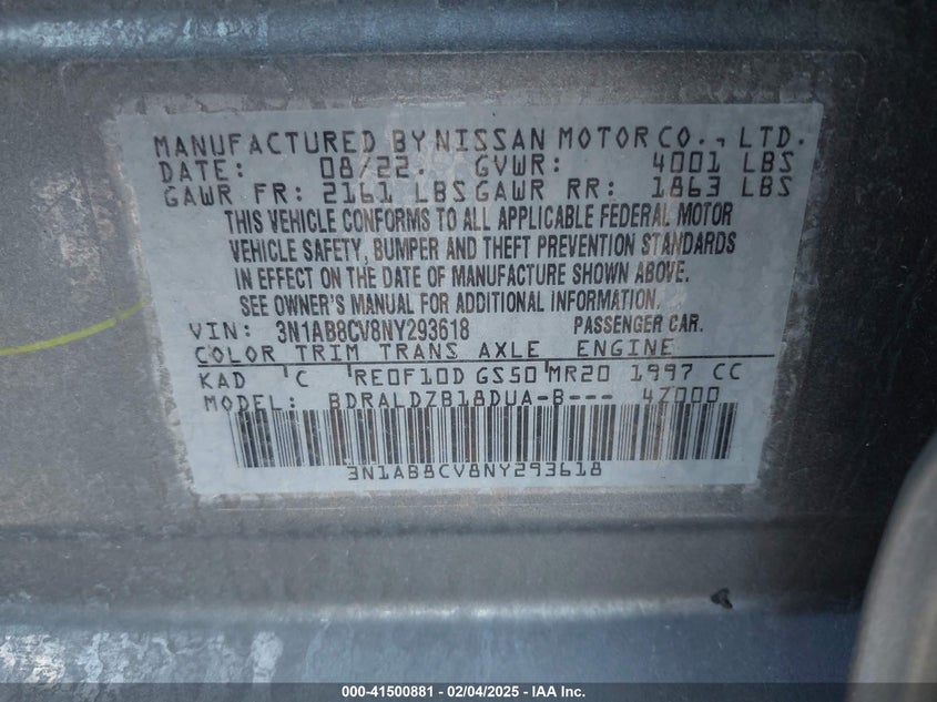 2022 NISSAN SENTRA VIN: 3N1AB8CV8NY293618