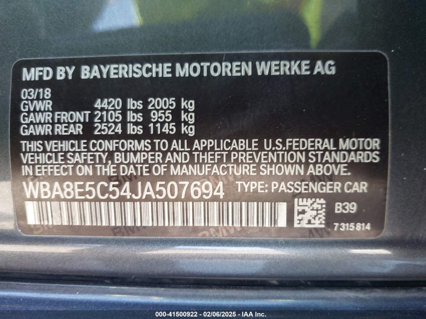 2018 BMW 328D VIN: WBA8E5C54JA507694