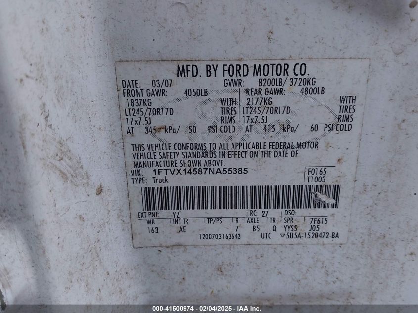 2007 Ford F-150 Xl/Xlt VIN: 1FTVX14587NA55385 Lot: 41500974