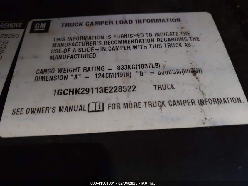 2003 Chevrolet Silverado 2500Hd Lt VIN: 1GCHK29113E228522 Lot: 41501031