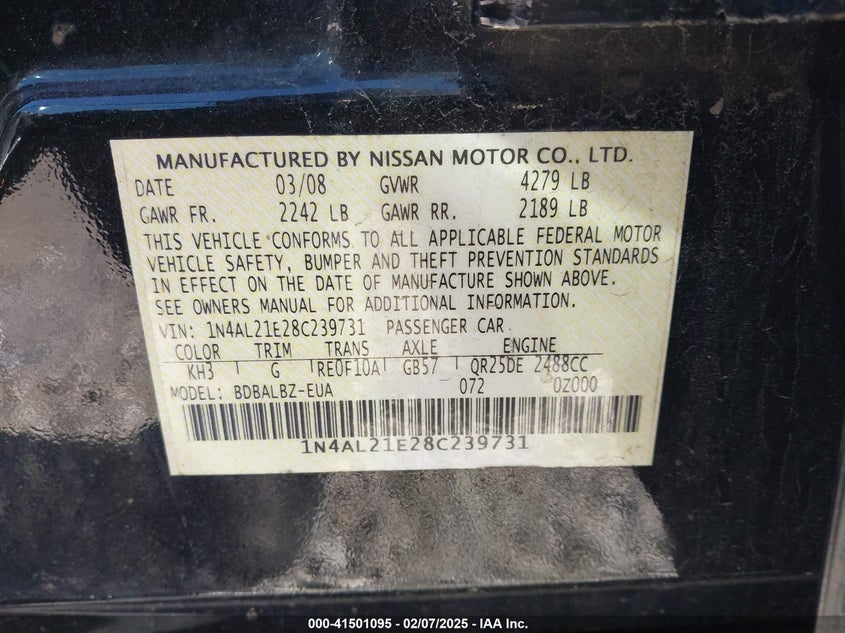 2008 NISSAN ALTIMA VIN: 1N4AL21E28C239731