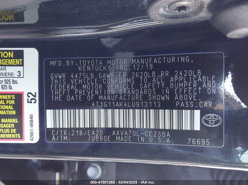 2020 TOYOTA CAMRY VIN: 4T1G11AK4LU913113