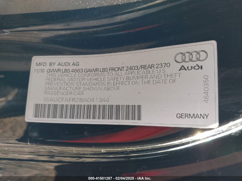 2011 Audi A5 2.0T Premium VIN: WAUCFAFR2BA041344 Lot: 41501287