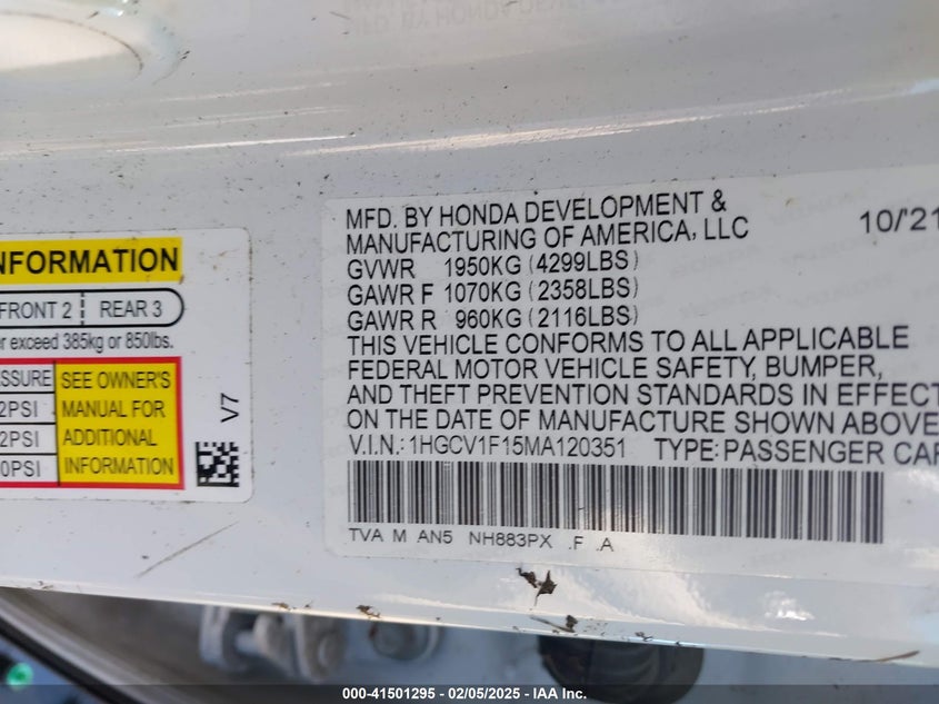 2021 HONDA ACCORD VIN: 1HGCV1F15MA120351