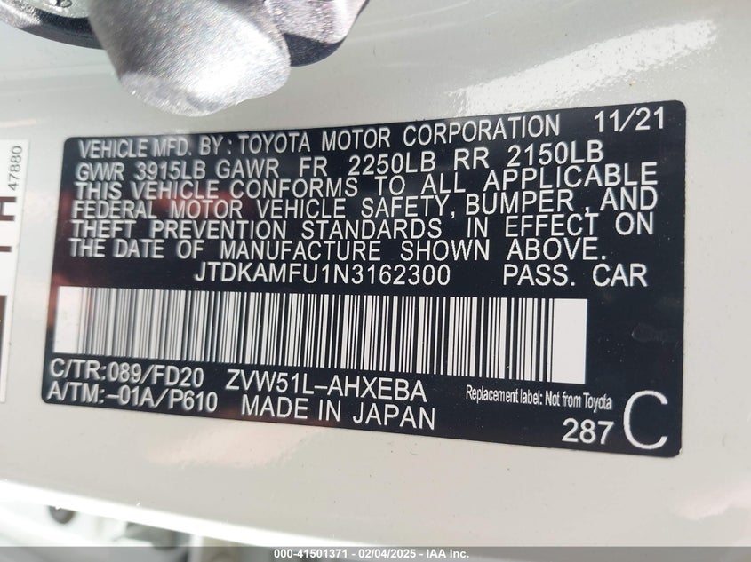 2022 TOYOTA PRIUS VIN: JTDKAMFU1N3162300
