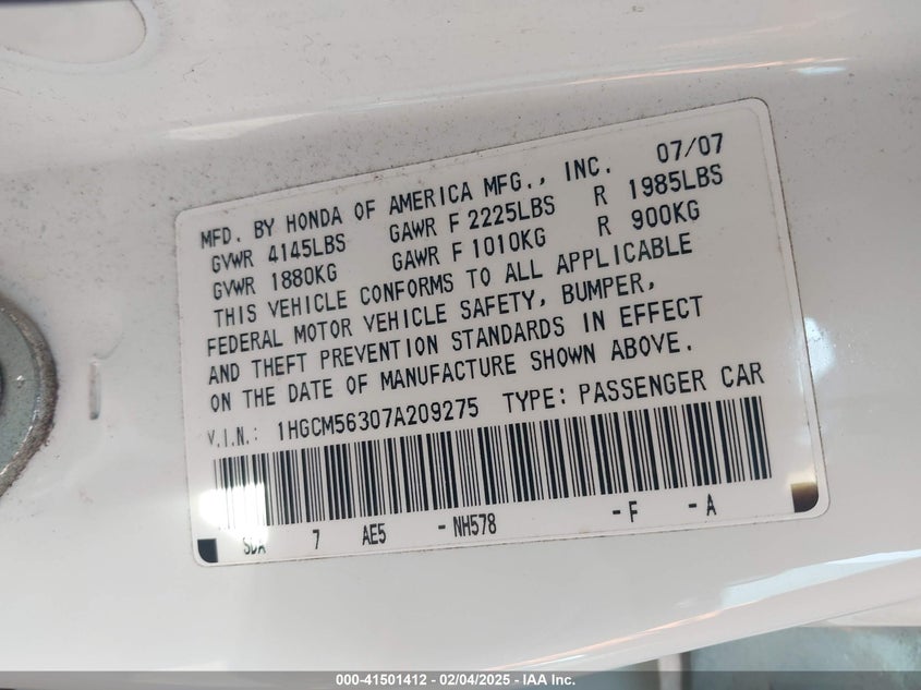 2007 HONDA ACCORD VIN: 1HGCM56307A209275