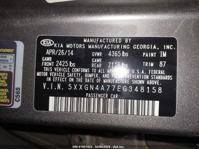 2014 Kia Optima Ex VIN: 5XXGN4A77EG348158 Lot: 41501432