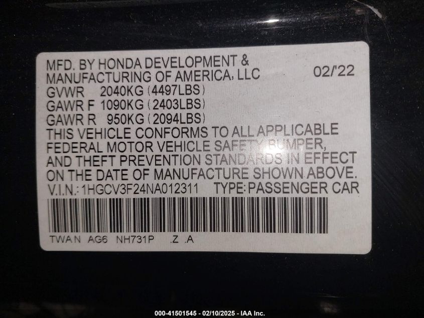 2022 Honda Accord Hybrid Sport VIN: 1HGCV3F24NA012017 Lot: 41501545