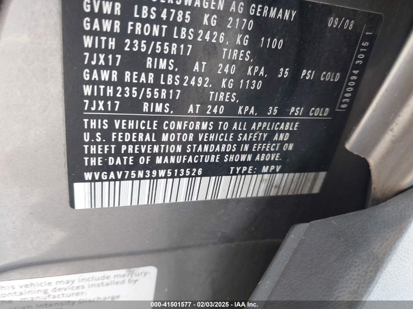 2009 Volkswagen Tiguan S/Se/Sel VIN: WVGAV75N39W513526 Lot: 41501577