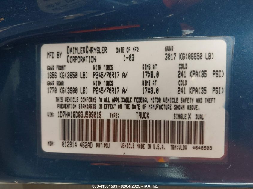 2003 Dodge Ram 1500 Slt/Laramie/St VIN: 1D7HA18D83J599019 Lot: 41501591